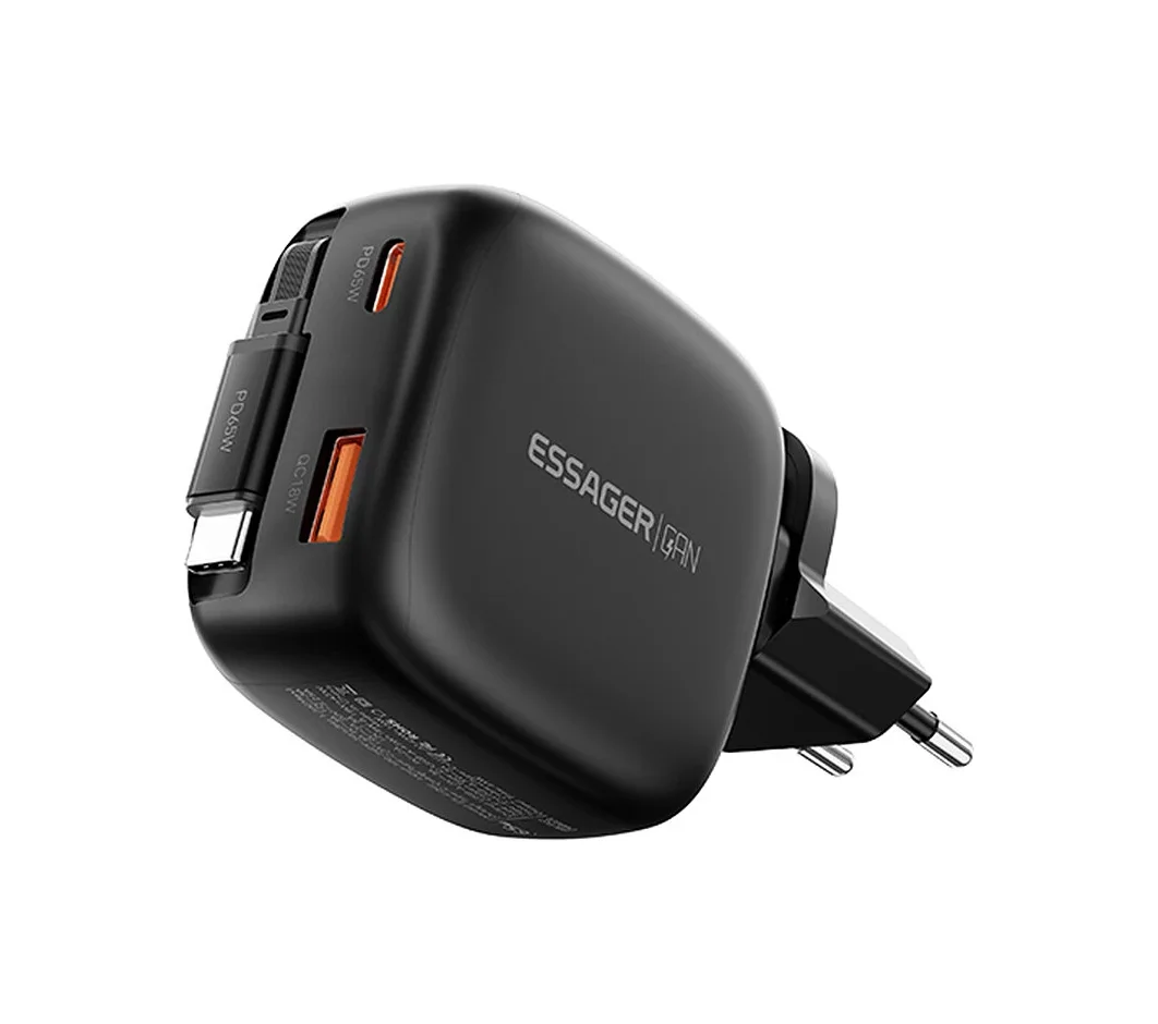 Essager ES-CD60 Chargeur Secteur GaN 65W avec Câble USB-C Rétractable - Arsenal HANTKO